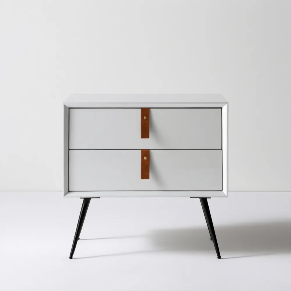 Biała komoda z 2 szufladami MDF, czarnymi stalowymi nogami i brązowymi uchwytami 80 x 40 x 70 cm