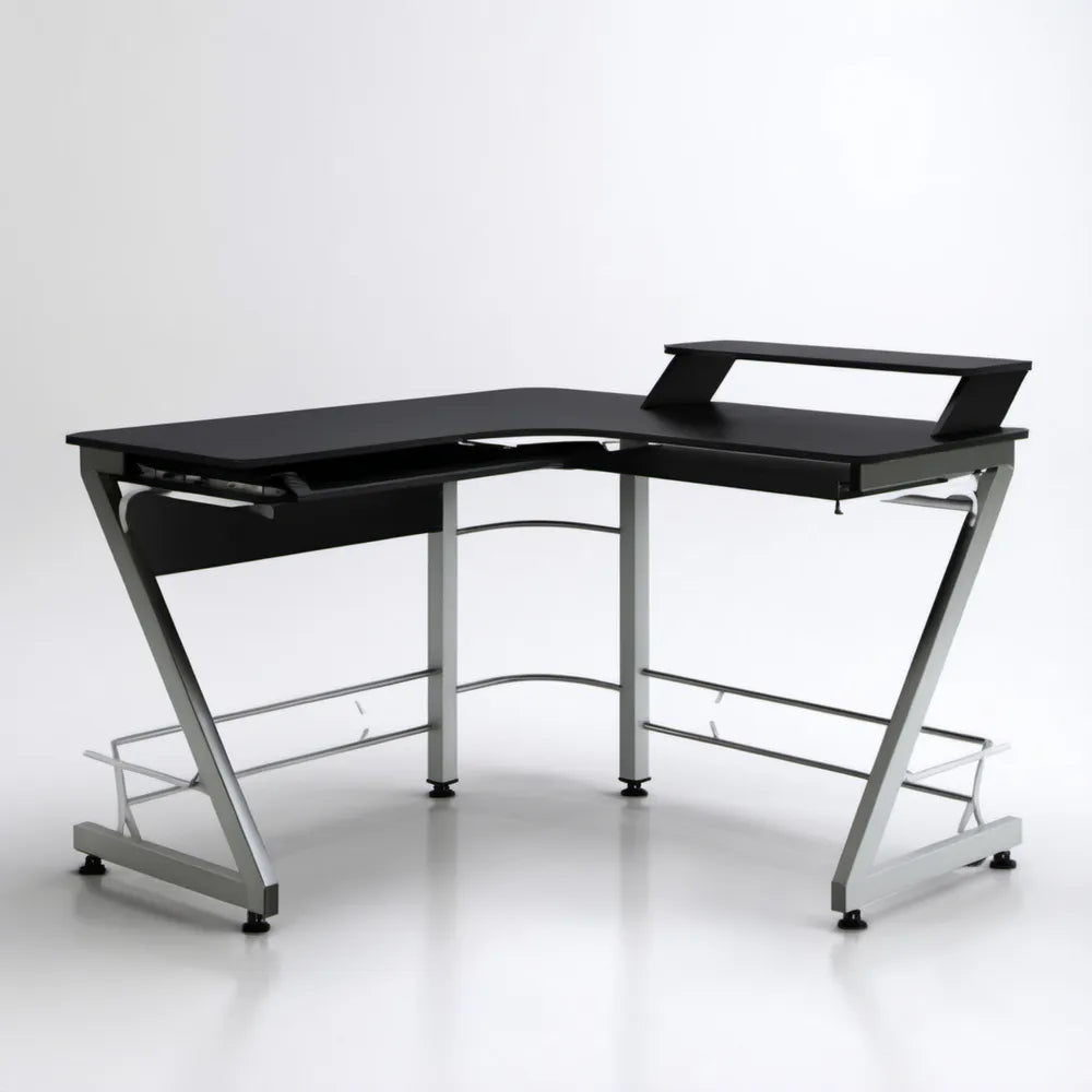 Czarno-srebrne biurko narożne MDF ze stalowym stelażem i półką na monitor 160 x 120 x 75 cm