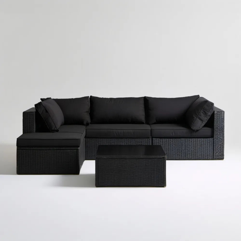 Czarny narożnik ogrodowy z technorattanu ze stolikiem 224 x 142 x 63 cm