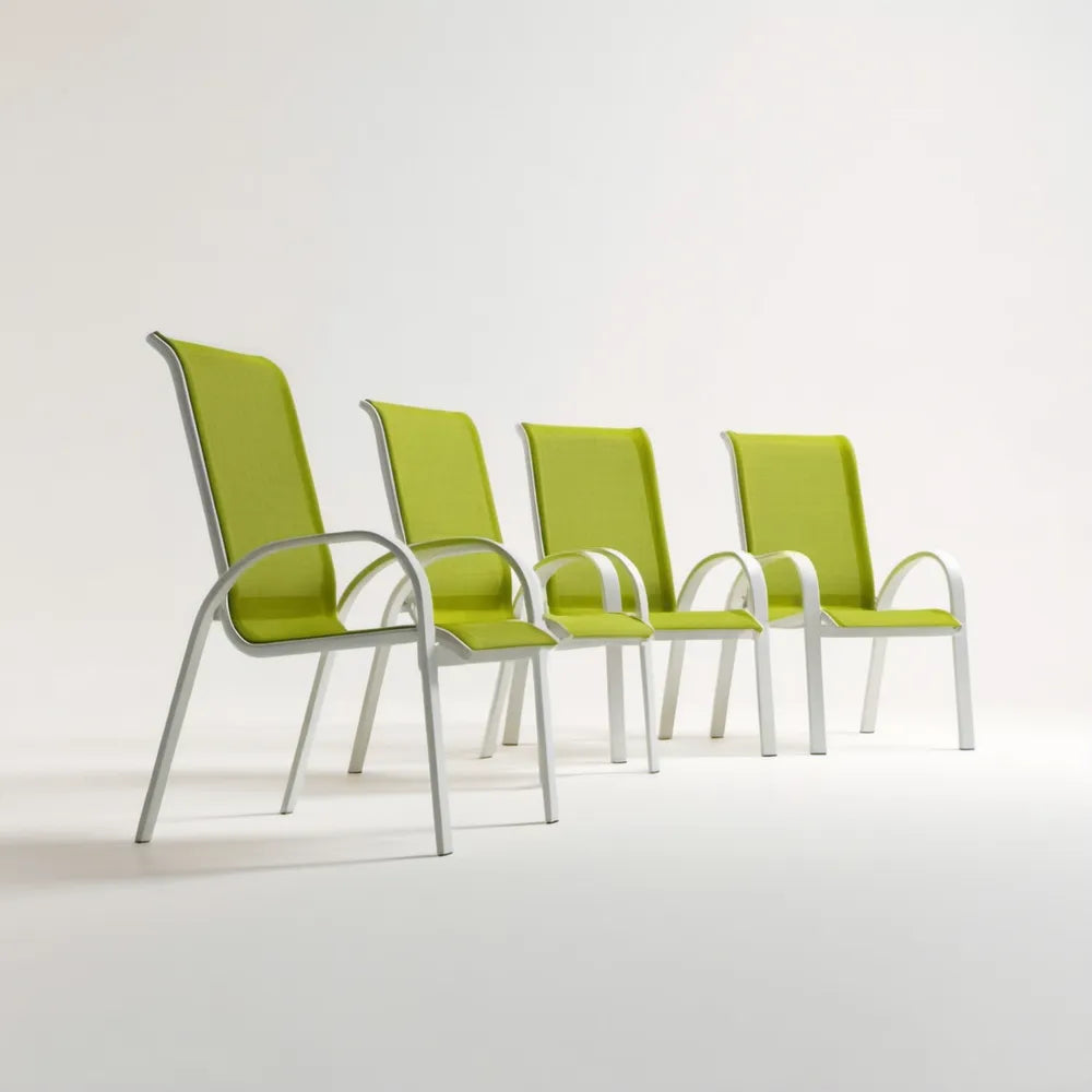 Zestaw 4 aluminiowych krzeseł ogrodowych z podłokietnikami, limonkowo-srebrnych, 55 x 65 x 105 cm