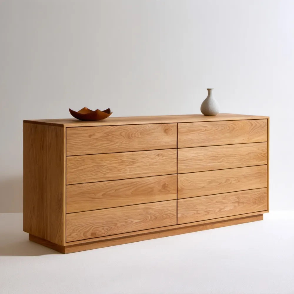Komoda z litego drewna dębowego, naturalny dąb, 160 × 45 × 85 cm, 8 szuflad