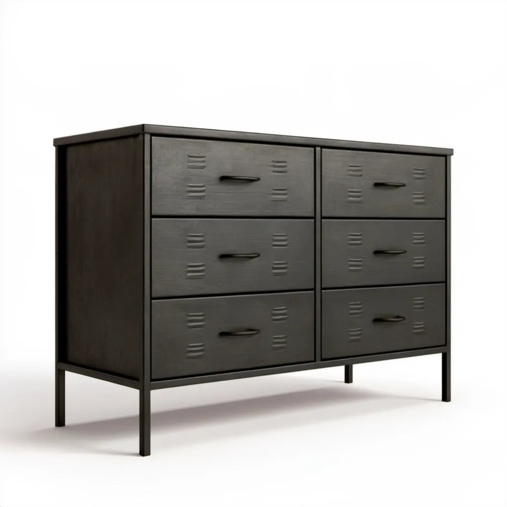 Czarna komoda MDF ze stalowym stelażem, 6 szuflad, 140 × 40 × 85 cm