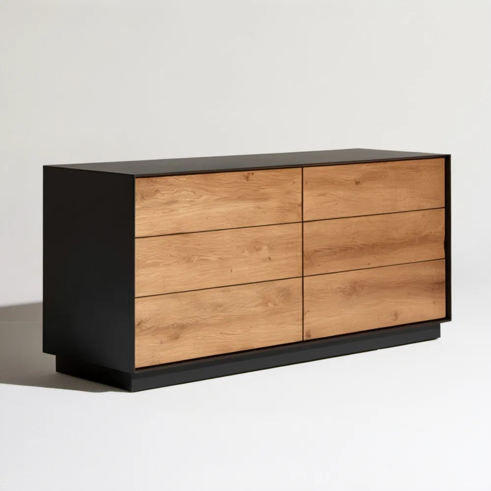 Komoda z 6 szufladami, MDF i lite drewno dębowe, czarna/naturalny dąb, 160 × 45 × 85 cm