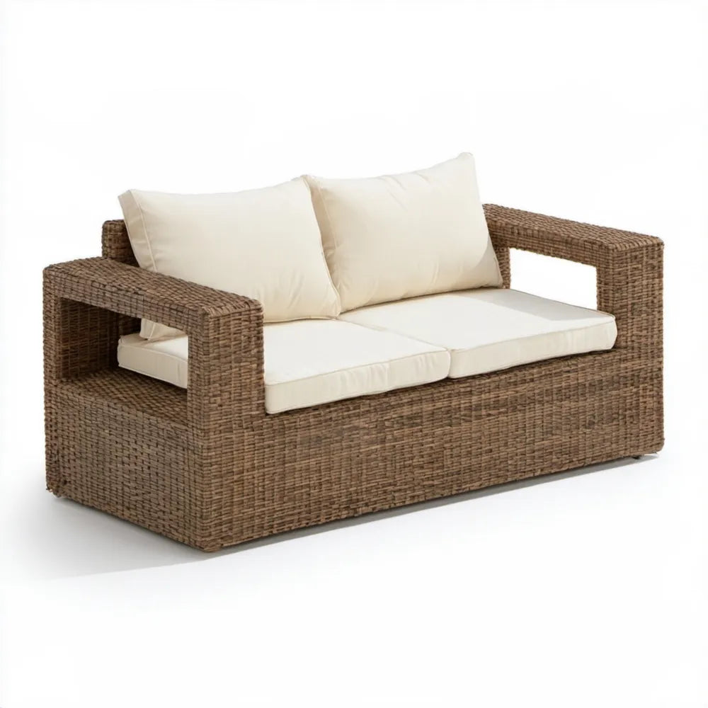 2-osobowa sofa ogrodowa z technorattanu PE brązowa z kremowymi poduszkami, 140 x 78 x 70 cm