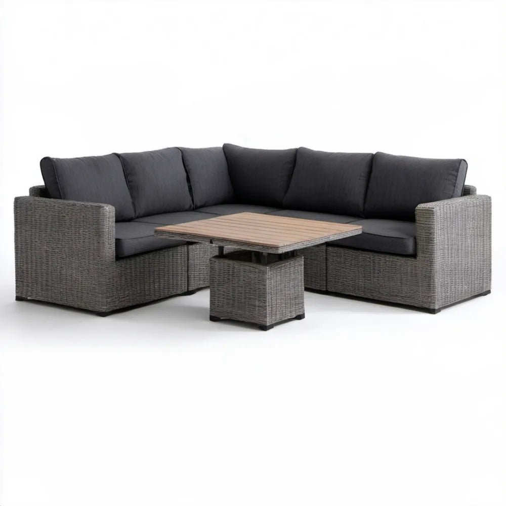 Ogrodowy narożnik z technorattanu PE 230 x 230 cm, szary/antracytowy z drewnianym stolikiem